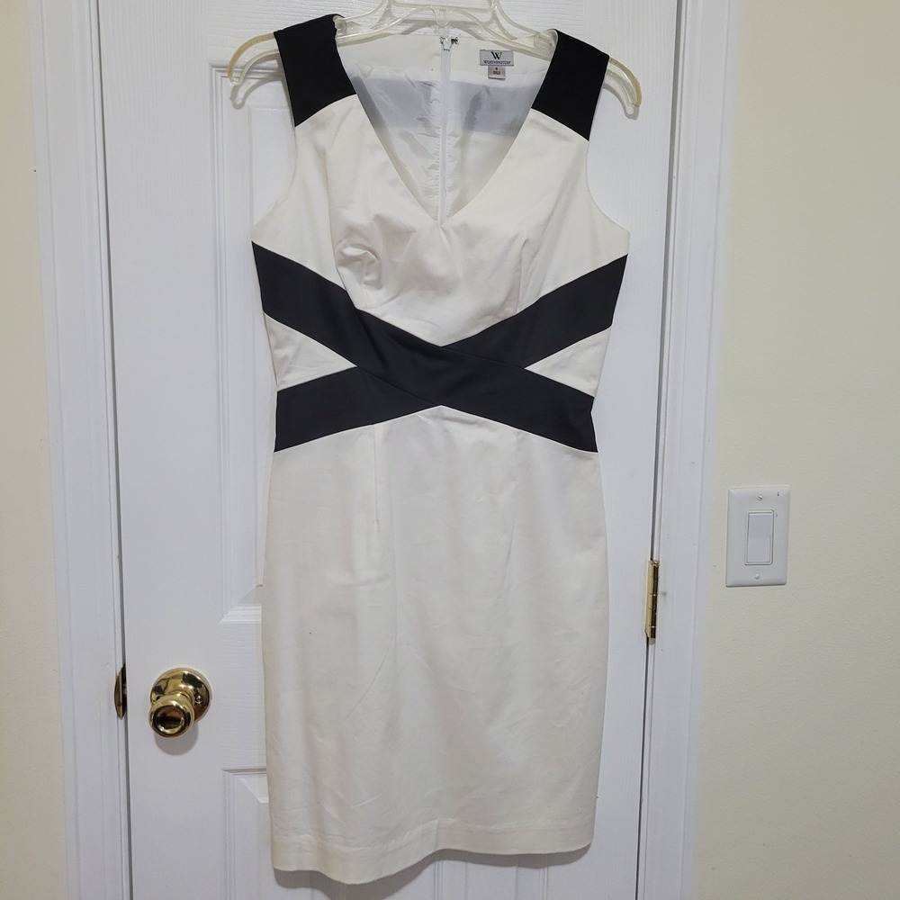 Worthington Womens‎ Colorblock Sheath Dress White Black V-Neck Size 6 Business
